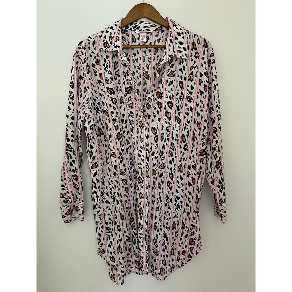 Victoria Secret Long Sleeve Button Down Nightgown Sleep Dress Leopard Pink